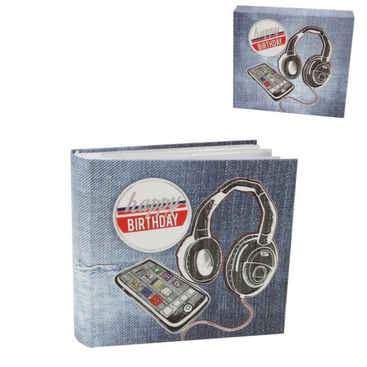 Birthday card with denim design, headphones, music player, and Happy Birthday text