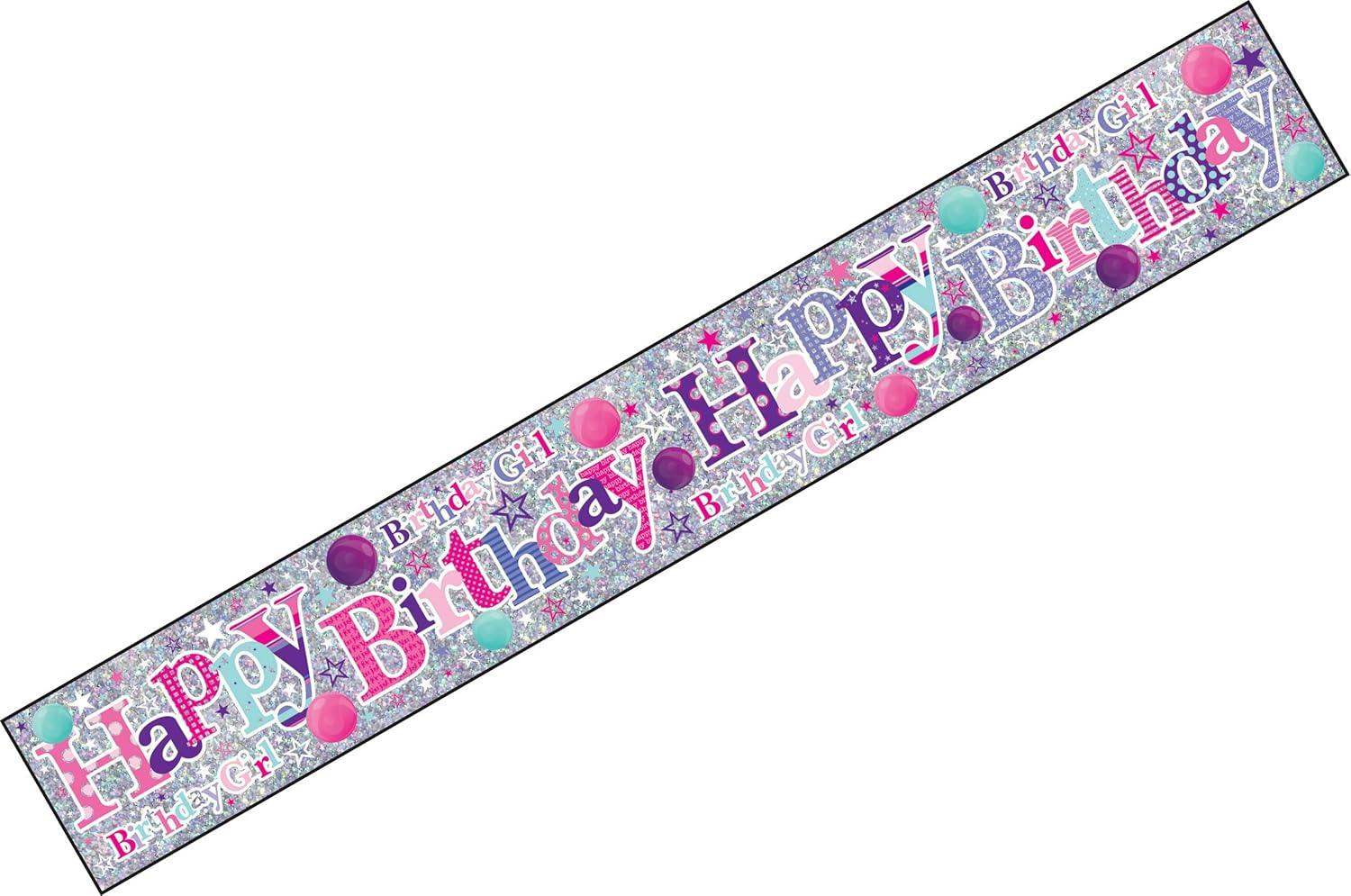 Glittery happy birthday girl banner with pink, purple, and teal stars and balloons