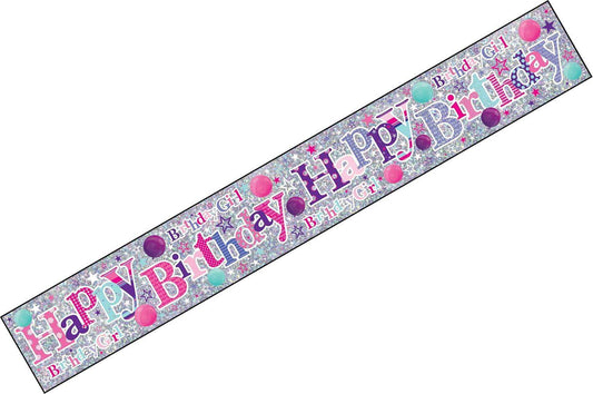 Glittery happy birthday girl banner with pink, purple, and teal stars and balloons