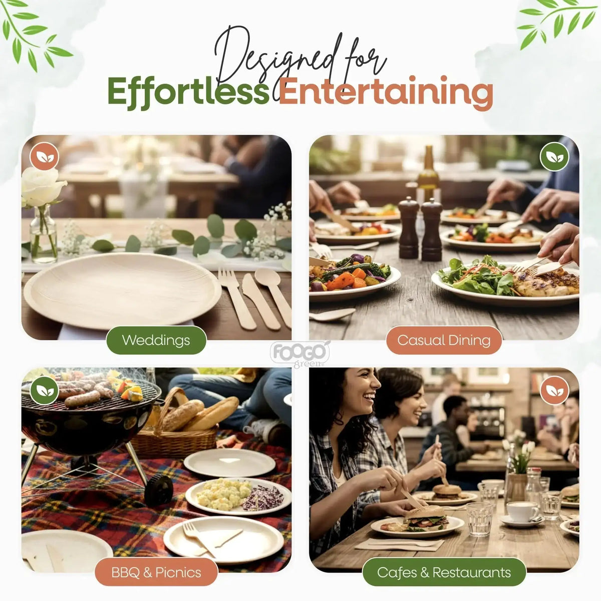 Collage showing eco-friendly tableware for weddings, casual dining, picnics, and cafes.