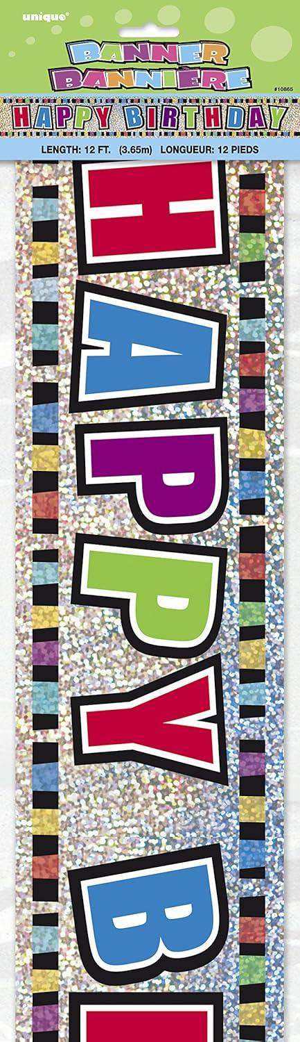 Colorful holographic Happy Birthday banner, 12 feet long, with bold multicolored letters.