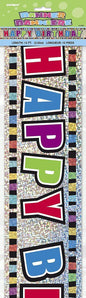 Colorful holographic Happy Birthday banner, 12 feet long, with bold multicolored letters.