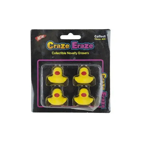 Pack of four yellow rubber duck collectible novelty erasers in plastic packaging