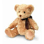 Plush brown teddy bear with a dark ribbon, perfect for gifts or home décor.