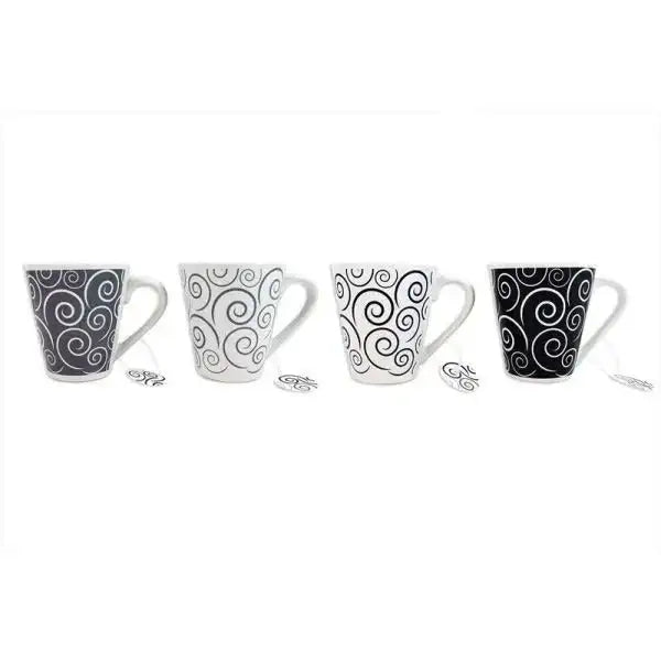 Set of four ceramic mugs with black and white swirl patterns, each with a matching spoon