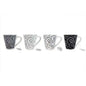 Set of four ceramic mugs with black and white swirl patterns, each with a matching spoon