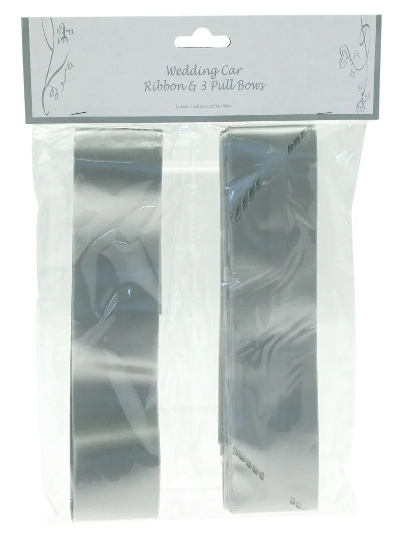 Silver Wedding Car Ribbon &amp; 3xBows