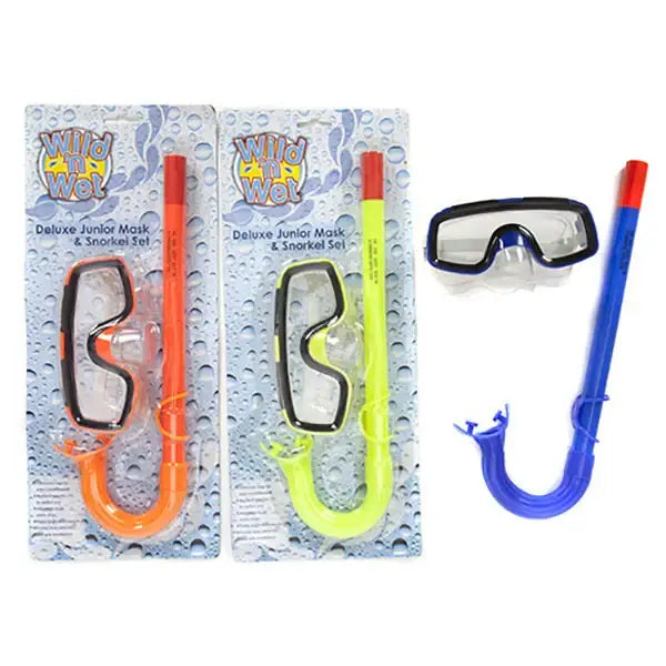 Wild n Wet Deluxe Junior Mask & Snorkel Set in orange, yellow, and blue for kids' swimming adventures