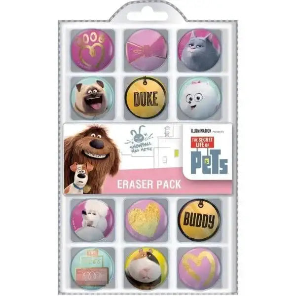 The Secret Life of Pets eraser pack featuring assorted character and heart designs in a display case.