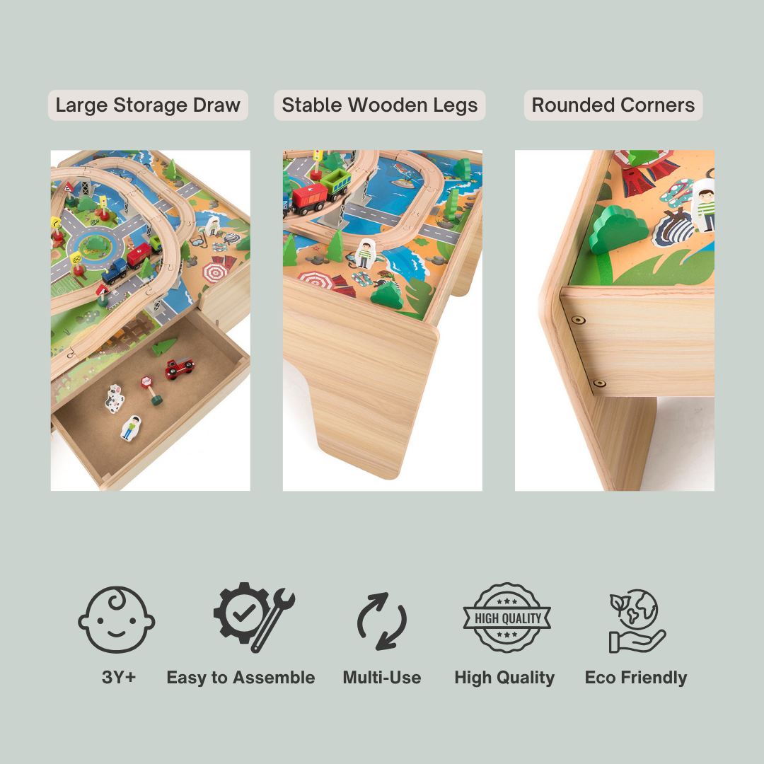 Wooden Train Track Set with Play Table & Storage - 80 Pieces