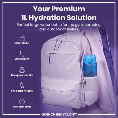 Leak Proof 1 Litre Water Bottle with Times to Drink, Recyclon, Blue & Pink, 1L