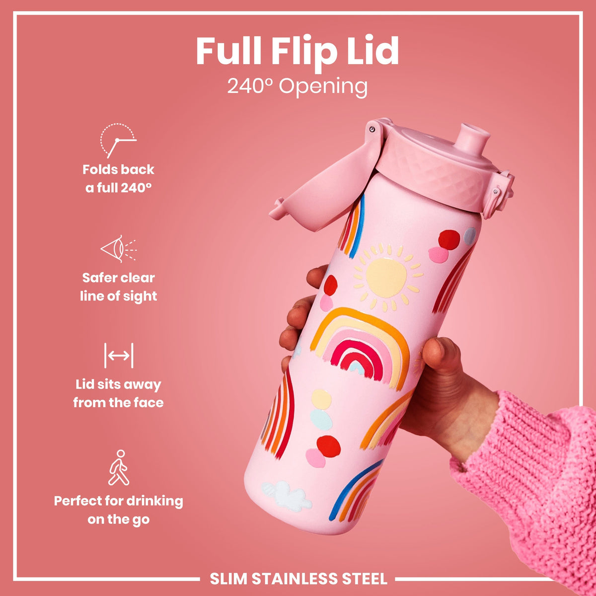 Leak Proof Slim Water Bottle, Stainless Steel, Rainbows, 600ml (20oz)