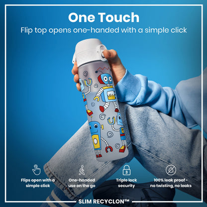 Leak Proof Slim Water Bottle, Recyclon, Robots, 500ml (18oz)