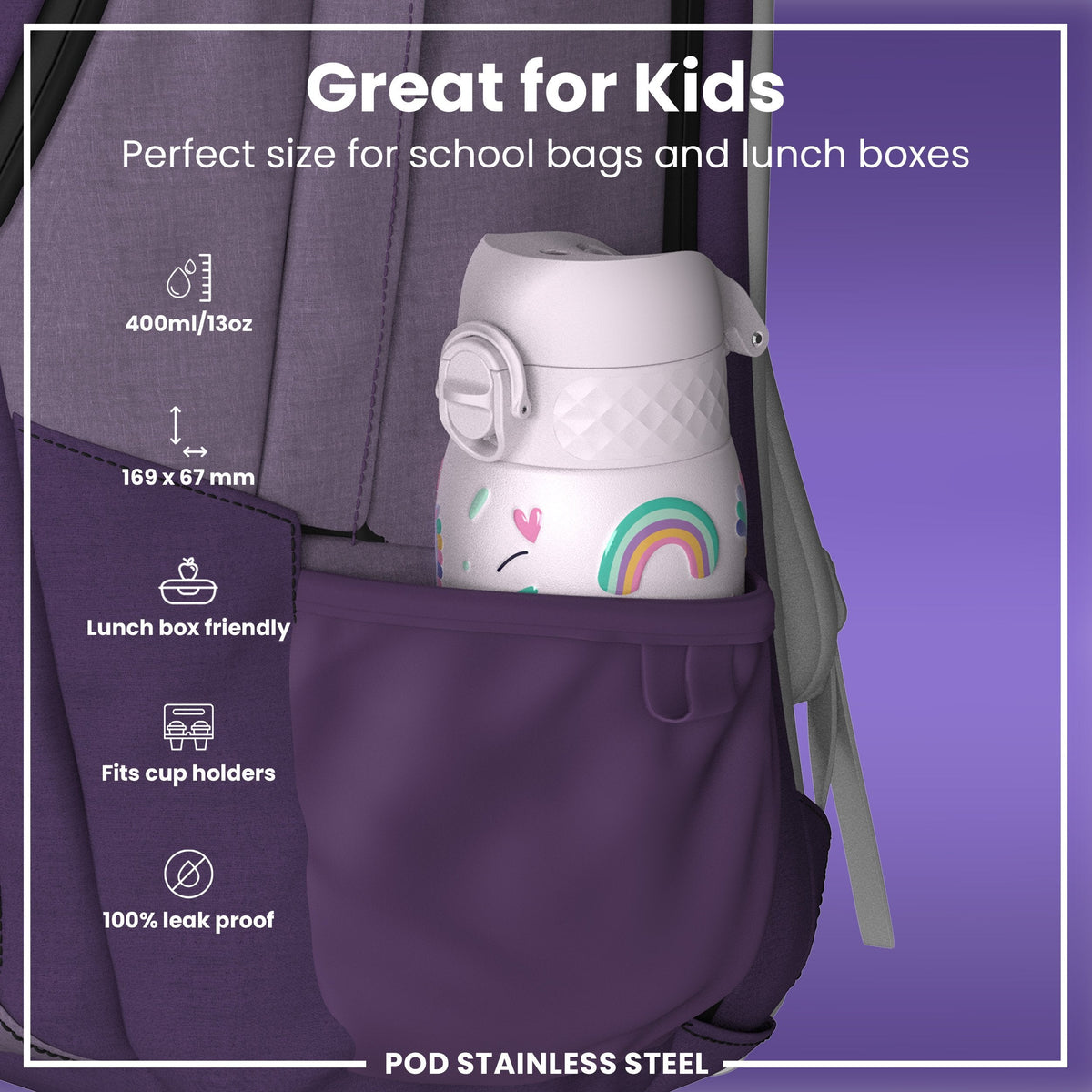 Leak Proof Kids Water Bottle, Stainless Steel, Unicorns, 400ml (13oz)