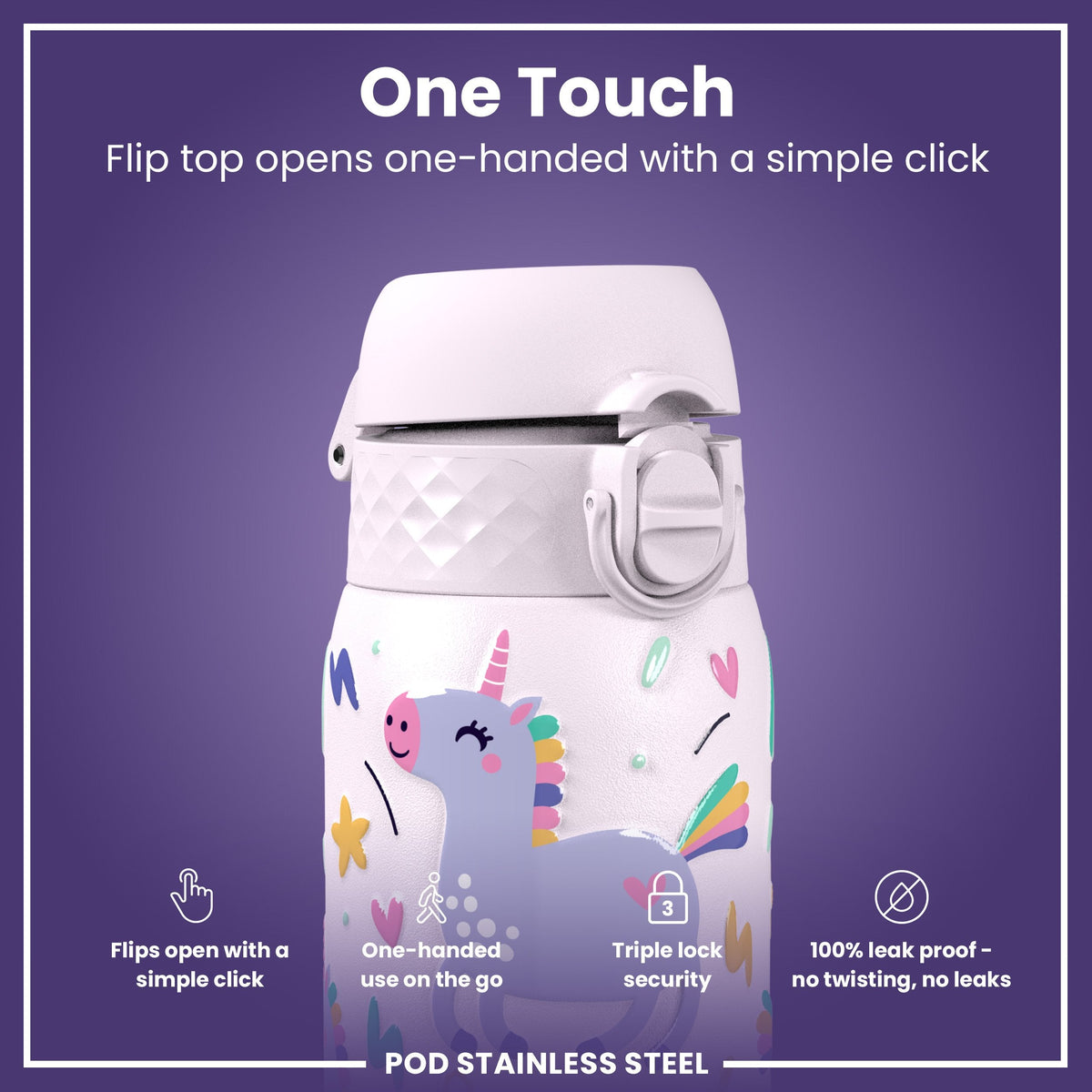 Leak Proof Kids Water Bottle, Stainless Steel, Unicorns, 400ml (13oz)