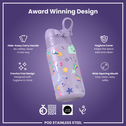 Leak Proof Kids Water Bottle, Stainless Steel, Purple Unicorns, 400ml (13oz)