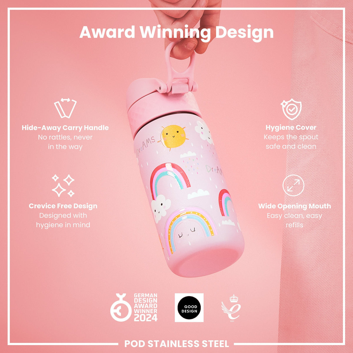Leak Proof Kids Water Bottle, Stainless Steel, Rainbows, 400ml (13oz)