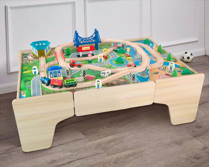 Wooden Train Track Set with Play Table & Storage - 80 Pieces