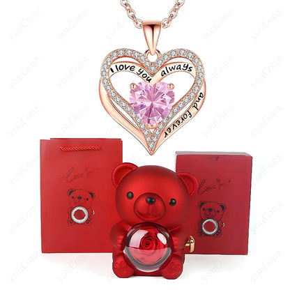 Heart Pendant Necklace Cute Red Bear Rose Gift Box Jewellery Gift Valentines Day