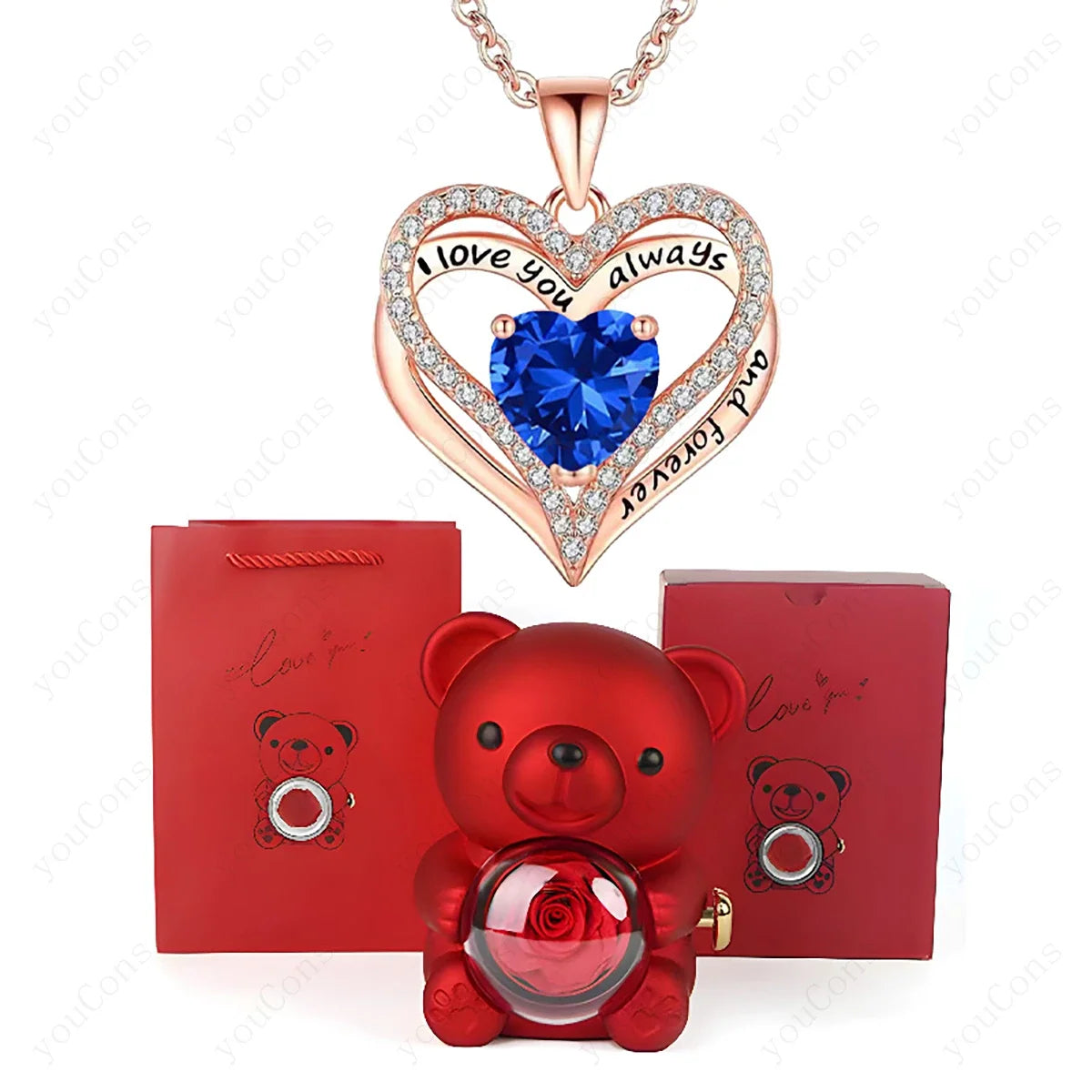 Heart Pendant Necklace Cute Red Bear Rose Gift Box Jewellery Gift Valentines Day