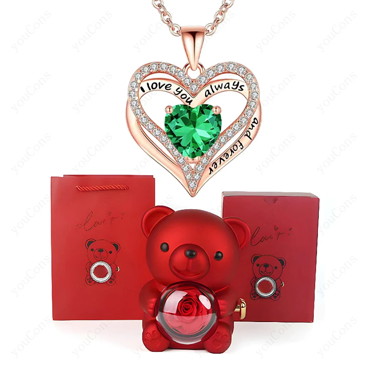 Heart Pendant Necklace Cute Red Bear Rose Gift Box Jewellery Gift Valentines Day