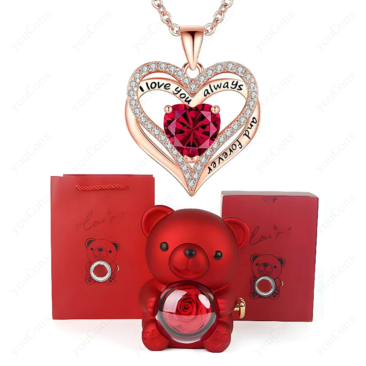 Heart Pendant Necklace Cute Red Bear Rose Gift Box Jewellery Gift Valentines Day