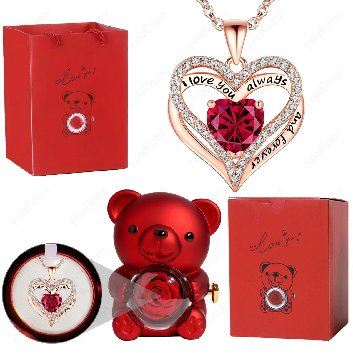Heart Pendant Necklace Cute Red Bear Rose Gift Box Jewellery Gift Valentines Day