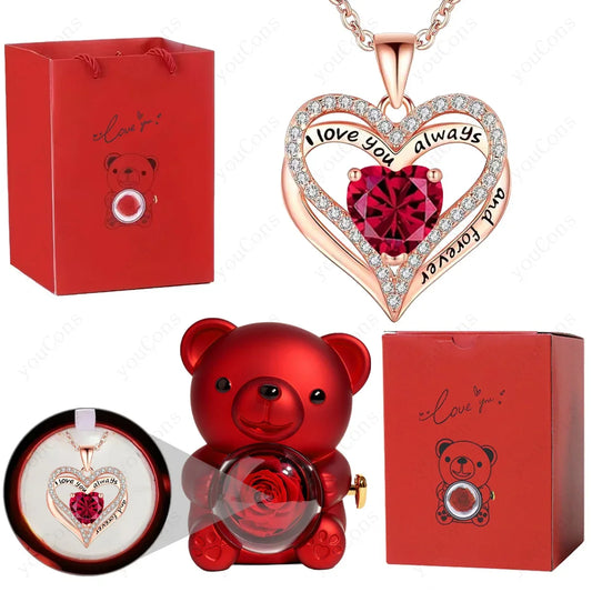 Heart Pendant Necklace Cute Red Bear Rose Gift Box Jewellery Gift Valentines Day