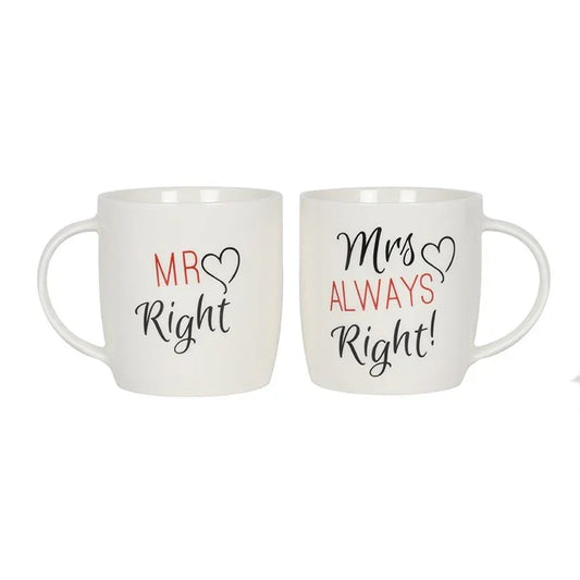 White ceramic mugs gift set with Mr Right and Mrs Always Right text, romantic home décor