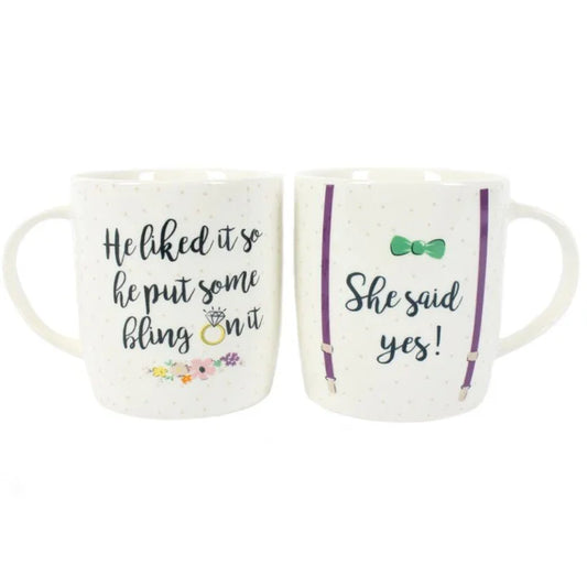 Engagement celebration mugs set with quotes, floral and ring designs, perfect gift for couples