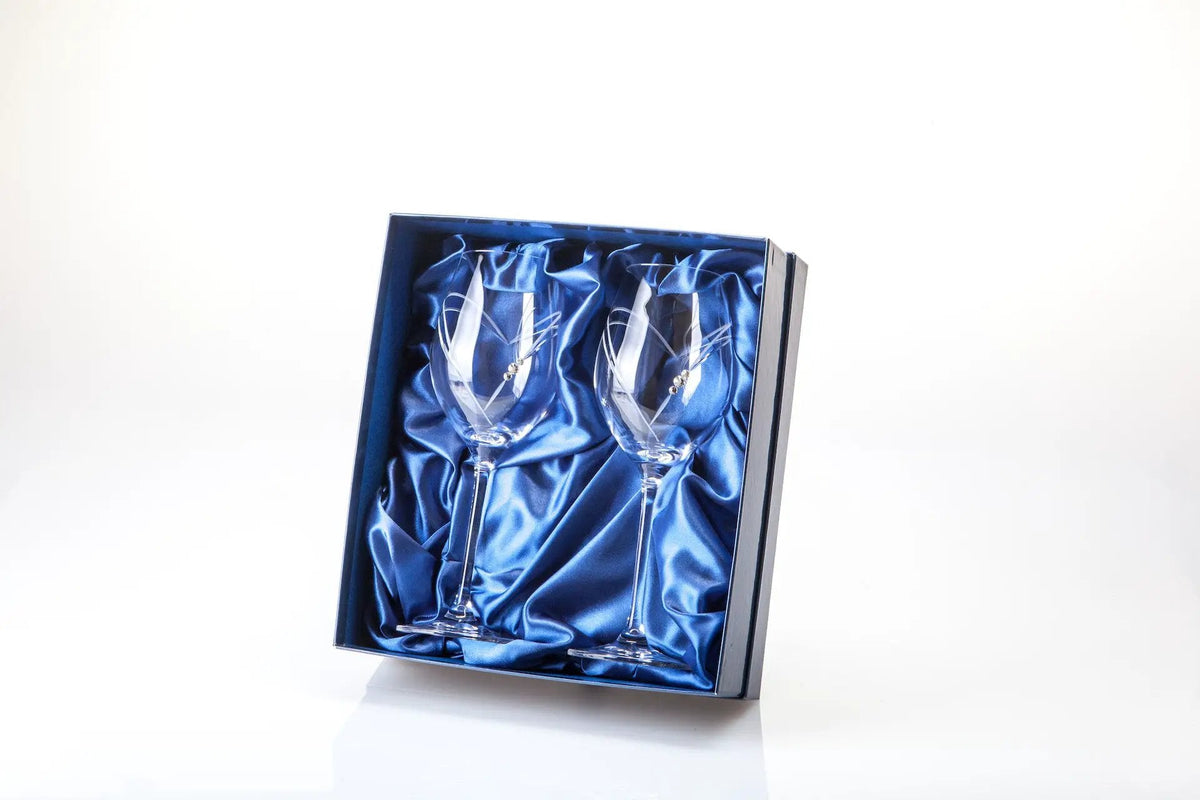 Diamante Wine Glasses with Heart Shaped Cut - Pair in Gift Box