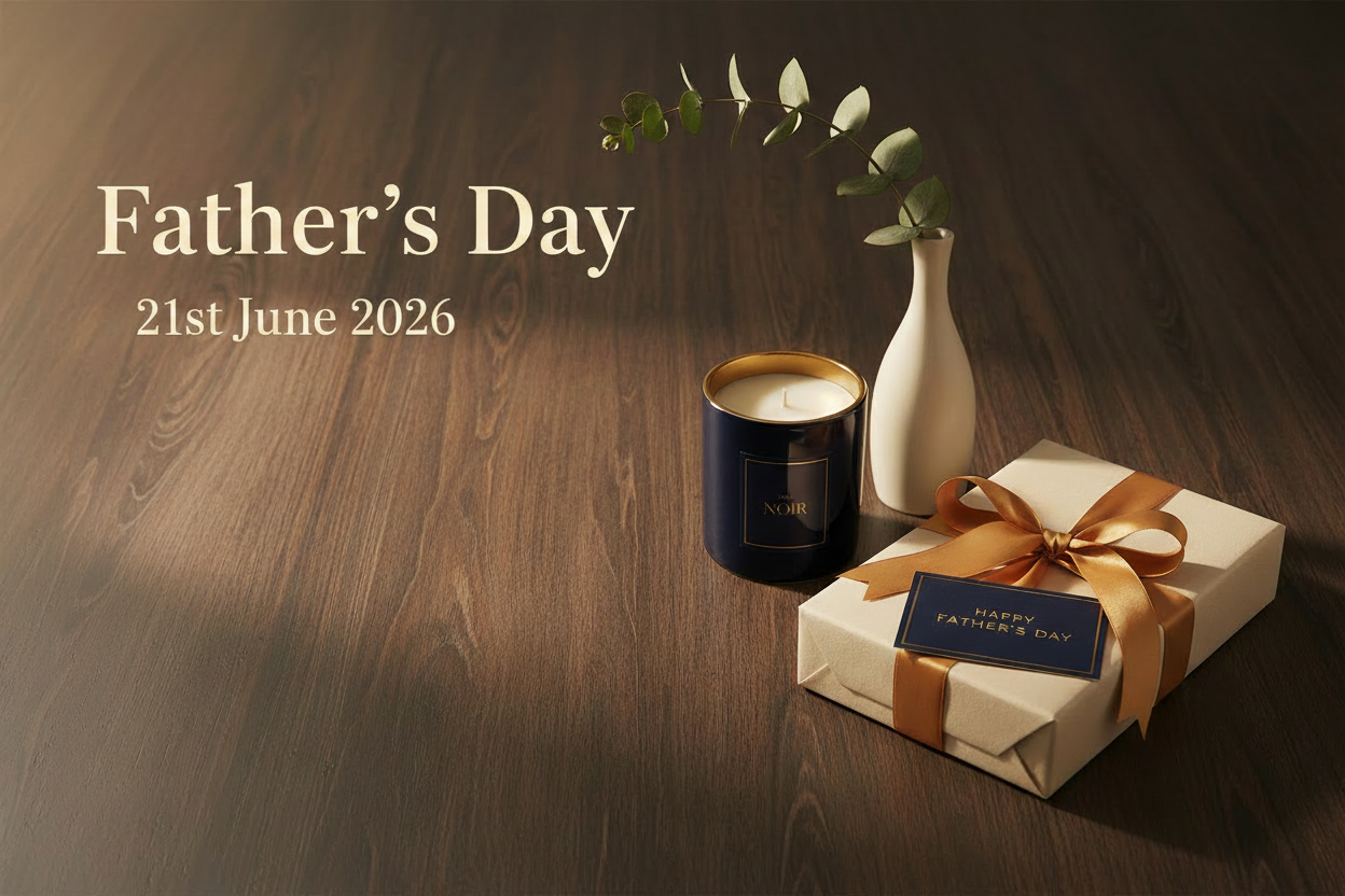Father's Day gift set with candle, vase, and ribbon-wrapped box on wood table