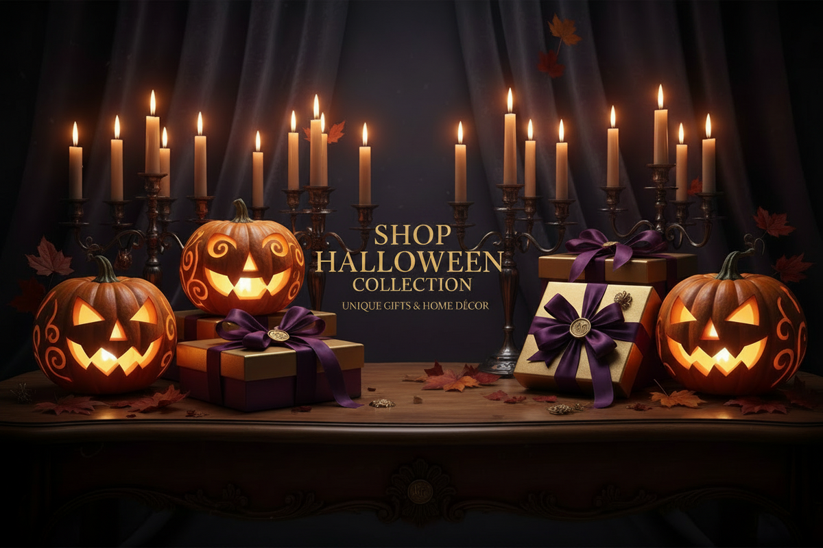 Halloween-themed tabletop display with glowing carved pumpkins, lit candles on black candelabras, purple ribboned gift boxes, and autumn leaves against a dark draped backdrop. 'SHOP HALLOWEEN COLLECTION'